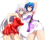  2girls antenna_hair armpits arms_up blue_eyes blue_hair breasts cleavage dress erect_nipples eyebrows_behind_hair eyebrows_visible_through_hair hair_between_eyes hair_ribbon hand_on_hip hand_on_lap high_school_dxd highres large_breasts long_hair looking_at_viewer multiple_girls panties purple_ribbon red_dress ribbon rossweisse shiny shiny_skin short_dress short_hair silver_hair sleeveless sleeveless_dress smile strapless strapless_dress transparent_background underwear very_long_hair white_dress white_panties xenovia_(high_school_dxd) yellow_eyes 
