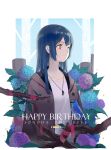  1girl bangs bird blue_hair bluebird brown_eyes character_name commentary dated flower happy_birthday highres huanxiang_heitu hydrangea jacket jewelry long_hair love_live! love_live!_school_idol_project pendant red_ribbon ribbon solo sonoda_umi tree_branch upper_body 