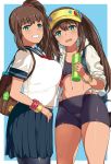  2girls :d bag bangle bangs bike_shorts black_legwear blue_panties blush bottle bracelet breasts brown_hair charm_(object) collarbone cowboy_shot dark_skin drink fang fingernails flat_chest green_eyes grin groin hai_ookami hair_between_eyes hair_ornament hair_scrunchie hat heart heart-shaped_pupils highleg highleg_panties highres holding huge_breasts jacket jewelry legs_apart legs_together long_hair looking_at_viewer midriff miniskirt multiple_girls navel neckerchief one_side_up open_mouth original panties pantyhose pink_lips pleated_skirt sailor_collar school_uniform scrunchie serafuku shirt short_eyebrows short_sleeves side_ponytail sidelocks skirt sleeve_cuffs sleeves_past_elbows sleeves_pushed_up small_breasts smile sports_bra stomach symbol-shaped_pupils tan twintails underwear uniform visor_cap water_bottle wrist_scrunchie 