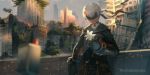  1boy aguy bangs blindfold blurry city closed_mouth copyright_name depth_of_field flower gloves holding holding_flower male_focus nier_(series) nier_automata outdoors pod_(nier_automata) ruins short_hair solo white_flower white_hair yorha_no._9_type_s 
