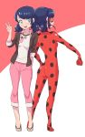  2girls :d aqua_eyes arm_behind_back ass blue_hair blush bodysuit capri_pants closed_mouth domino_mask dual_persona female full_body hand_on_hip jocheong ladybug_(character) long_hair long_sleeves looking_at_viewer looking_back low_twintails magical_girl marinette_dupain-cheng mask miraculous_ladybug multiple_girls neck open_mouth pants pink_pants polka_dot red_bodysuit shoes short_hair short_twintails smile standing superhero two-tone_background v 