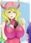  1boy 1girl bangs bare_shoulders baseball_cap between_breasts black_eyes blonde_hair blue_hair blunt_bangs blush breasts china_dress chinese_clothes cleavage cleavage_cutout collarbone controller covered_navel dragon_girl dragon_horns dress embarrassed eyebrows_visible_through_hair gradient gradient_eyes gradient_hair green_eyes green_hair hair_between_eyes hands_up hat heart_cutout horns huge_breasts index_finger_raised kobayashi-san_chi_no_maidragon long_hair looking_at_another magatsuchi_shouta multicolored multicolored_eyes multicolored_hair open_mouth pink_dress pink_hat pointing pointing_at_viewer purple_hair quetzalcoatl_(maidragon) remote_control ribbed_dress rixch round_teeth short_hair skin_tight slit_pupils surprised talking teeth turtleneck upper_body violet_eyes wavy_hair yellow_pupils 