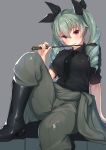  1girl :p anchovy belt black_boots black_necktie blush boots breasts drill_hair girls_und_panzer green_hair highres kagematsuri leg_up long_hair looking_at_viewer military military_uniform necktie red_eyes riding_crop school_uniform solo tongue tongue_out twin_drills twintails uniform 