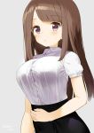  1girl artist_name blush breasts brown_eyes brown_hair bursting_breasts dated eyebrows_visible_through_hair grey_background kaisen_chuui large_breasts long_hair original shirt simple_background skirt solo sweatdrop 
