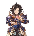  1boy armor black_hair feeding food granblue_fantasy lancelot_(granblue_fantasy) macaron male_focus minaba_hideo official_art pov solo transparent_background upper_body wavy_hair 