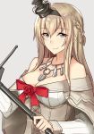  1girl blonde_hair blue_eyes braid breasts cleavage crown dress french_braid grey_background hairband jewelry kantai_collection long_hair looking_at_viewer mini_crown necklace off-shoulder_dress off_shoulder pallad scepter simple_background upper_body warspite_(kantai_collection) white_dress 