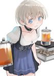  1girl :d alcohol beer black_dress blue_eyes buttons choker collarbone dress german_clothes iron_cross kantai_collection masukuza_j open_mouth puffy_short_sleeves puffy_sleeves short_hair short_sleeves silver_hair simple_background smile solo white_background z1_leberecht_maass_(kantai_collection) 