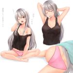  1girl armpits arms_behind_head ass bad_proportions bangs blanket breasts brown_eyes closed_eyes collarbone grey_hair hair_tie indian_style irohakaede kantai_collection large_breasts long_hair medium_breasts mouth_hold multiple_views no_pants one_eye_closed open_mouth panties pink_panties shoukaku_(kantai_collection) sitting sleepwear strap_slip tank_top tying_hair underwear very_long_hair white_background yawning 