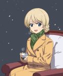  1girl :d a1 bangs blonde_hair blue_eyes braid breath chair coat cup darjeeling french_braid girls_und_panzer highres holding open_mouth scarf short_hair sitting smile snow snowing solo tea teacup winter_clothes 
