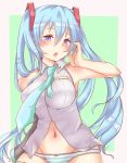  1girl :o arm_at_side bangs bare_shoulders blue_eyes blue_hair bow bow_panties breasts collared_shirt detached_sleeves eyebrows_visible_through_hair green_necktie grey_shirt groin hair_between_eyes hair_ornament hand_on_own_cheek hand_on_own_face hand_up hatsune_miku headphones highres kusoyuridanchi large_breasts long_hair looking_at_viewer medium_breasts navel necktie no_pants open_mouth panties pink_bow pink_lips shirt sleeveless sleeveless_shirt solo striped striped_panties twintails underwear very_long_hair vocaloid wing_collar 