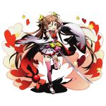  1girl aihara_enju arm_up black_bullet bow brown_eyes brown_hair detached_sleeves divine_gate dress full_body hair_bow long_hair looking_at_viewer neck_ribbon official_art one_eye_closed one_leg_raised open_mouth pink_legwear pleated_dress red_ribbon ribbon socks socks_over_thighhighs solo thigh-highs transparent_background twintails ucmm very_long_hair white_legwear white_ribbon yellow_bow yellow_ribbon 