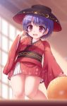  1girl bare_legs blush bowl bowl_hat breasts finger_to_cheek gluteal_fold hat highres japanese_clothes kimono knees_together_feet_apart long_sleeves lzh minigirl miracle_mallet obi open_mouth purple_hair sash scratching_cheek short_kimono small_breasts sukuna_shinmyoumaru thigh_gap thighs touhou violet_eyes wide_sleeves 