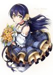  1girl bangs bare_shoulders blue_hair bouquet bow brown_eyes character_name choker dated detached_sleeves diamond_legwear dress flower frilled_dress frilled_sleeves frills hair_bow hair_flower hair_ornament hair_ribbon hairband happy_birthday holding holding_bouquet light_blush long_hair looking_at_viewer love_live! love_live!_school_idol_festival love_live!_school_idol_project ribbon ribbon-trimmed_sleeves ribbon_trim shiimai smile solo sonoda_umi yellow_eyes 