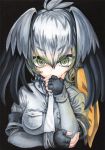  1girl 2017 artist_name black_background black_gloves close-up collared_shirt dated eyebrows_visible_through_hair fingerless_gloves fingernails gloves glowing glowing_eyes green_eyes green_hair grey_shirt hair_between_eyes hand_on_own_chin head_wings holding_arm kemono_friends layered_sleeves long_hair long_sleeves looking_at_viewer mosho multicolored_hair necktie ringed_eyes shirt shoebill_(kemono_friends) short_sleeves silver_hair simple_background solo streaked_hair thick_eyebrows traditional_media upper_body watercolor_(medium) white_necktie wing_collar 