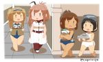  4girls :d belt black_eyes black_hair breast_pocket brown_eyes brown_hair brown_jacket capriccyo chibi dress hairband highres i-26_(kantai_collection) i-401_(kantai_collection) kantai_collection long_hair maru-yu_(kantai_collection) multiple_girls new_school_swimsuit open_mouth pocket ponytail sailor_collar sailor_shirt saratoga_(kantai_collection) school_swimsuit shirt short_hair side_ponytail sleeveless sleeveless_dress smile swimsuit twitter_username two-tone_hairband two_side_up white_dress 