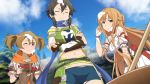  3girls asuna_(sao) black_hair blue_scarf blue_shorts brown_hair closed_eyes clouds cloudy_sky collarbone cream cream_on_face crop_top day food food_on_face from_below game_cg hair_ornament hair_ribbon long_hair midriff multiple_girls navel official_art one_eye_closed outdoors red_eyes ribbon scarf shinon_(sao) shinon_(sao:hf) short_hair_with_long_locks short_shorts shorts sidelocks silica sky stomach sword_art_online sword_art_online:_hollow_realization twintails white_ribbon 