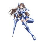  1girl accel_world armor armored_boots blue_eyes boots breasts brown_hair covered_navel duel_avatar fingerless_gloves floating_hair full_body gloves hand_in_hair holding holding_weapon kurasaki_fuuko lance long_hair looking_at_viewer medium_breasts official_art polearm simple_background solo thigh-highs thigh_boots very_long_hair weapon white_background white_gloves 