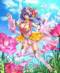  1girl bare_shoulders barefoot blush bow breasts cleavage company_name curly_hair fairy_wings flower full_body green_eyes gyakushuu_no_fantasica hair_flower hair_ornament large_breasts long_hair looking_at_viewer official_art open_mouth purple_hair ryuki@maguro-ex sky smile solo thigh-highs toeless_legwear twintails wings 