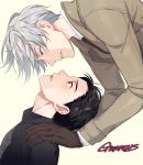  2boys artist_name black_hair blue_eyes brown_eyes brown_gloves coat gearous gloves hair_slicked_back hands_on_another&#039;s_shoulders katsuki_yuuri leaning_back looking_at_another male_focus multiple_boys parted_lips profile silver_hair viktor_nikiforov yuri!!!_on_ice 