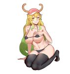  1girl absurdres arm_at_side arm_support bangs bare_shoulders baseball_cap bikini black_bikini black_eyes black_legwear blonde_hair breasts cleavage closed_mouth collarbone deng_haojun dragon_girl dragon_horns eyebrows_visible_through_hair eyelashes full_body gradient_eyes gradient_hair green_eyes green_hair groin hair_between_eyes hand_on_own_chest hand_up hat heterochromia highres horns kobayashi-san_chi_no_maidragon large_breasts legs_together lips long_hair looking_at_viewer micro_bikini midriff multicolored multicolored_eyes multicolored_hair navel pink_hat pink_lips quetzalcoatl_(maidragon) seiza simple_background sitting skindentation smile solo stomach strap_gap string_bikini swimsuit thigh-highs upper_body very_long_hair violet_eyes wavy_hair white_background yellow_pupils 