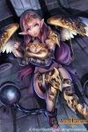  1girl age_of_ishtaria barefoot_sandals breasts chains cleavage company_name copyright_name earrings feathered_wings full_body hair_ornament jewelry long_hair official_art pink_hair pointy_ears sitting solo teeth wings yellow_eyes zerachie_(age_of_ishtaria) zeroshiki_kouichi 