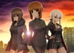  3girls bangs belt black_dress black_jacket black_necktie blue_eyes blush brown_eyes brown_hair building coat commentary_request cosplay diesel-turbo dress eyebrows_visible_through_hair fate/grand_order fate_(series) formal fujimaru_ritsuka_(female) fujimaru_ritsuka_(female)_(cosplay) fur-trimmed_coat fur_trim girls_und_panzer hair_ribbon hand_on_hip hands_in_pockets hood hooded_jacket itsumi_erika jacket jeanne_alter jeanne_alter_(cosplay) jewelry multiple_girls necklace necktie nishizumi_maho nishizumi_miho ponytail ribbon ruler_(fate/apocrypha) saber saber_alter saber_alter_(cosplay) short_dress short_hair short_shorts shorts silver_hair suit sunlight sunset 