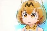  1girl animal_ears artist_name bare_shoulders blonde_hair bow bowtie brown_eyes commentary_request crying crying_with_eyes_open d: kemono_friends lee_(colt) open_mouth serval_(kemono_friends) serval_ears serval_print short_hair signature sleeveless solo tears upper_body 