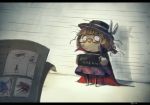  brown_eyes brown_hair cape commentary glasses hat koto_inari messy_hair mugshot short_hair skirt touhou usami_sumireko 