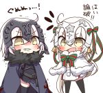  2girls ahoge armor armored_dress bell black_gloves black_legwear blonde_hair blush cape capelet elbow_gloves fate/grand_order fate_(series) fur_trim gauntlets gloves hair_ribbon headpiece jako_(jakoo21) jeanne_alter jeanne_alter_(santa_lily)_(fate) long_hair multiple_girls open_mouth ribbon ruler_(fate/apocrypha) thigh-highs yellow_eyes younger 