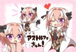  1boy animal_ears black_legwear blush braid cape cat_ears cat_tail chibi fang fate/apocrypha fate/grand_order fate_(series) garter_straps hair_ribbon heart highres jako_(jakoo21) long_hair looking_at_viewer open_mouth pink_hair ribbon rider_of_black single_braid smile steam tail thigh-highs towel towel_around_neck trap violet_eyes 