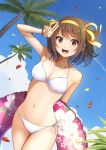  &gt;:d 1girl :d armpits bangs bead_bracelet beads bikini bracelet breasts brown_eyes brown_hair cleavage coconut_tree collarbone cowboy_shot day hair_ribbon hairband highres innertube jewelry kentaurosu looking_at_viewer navel open_mouth palm_tree petals ribbon short_hair side-tie_bikini small_breasts smile solo stomach suzumiya_haruhi suzumiya_haruhi_no_yuuutsu swept_bangs swimsuit tree v white_bikini yellow_ribbon 