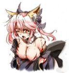  1girl animal_ears bell bell_collar blood bow breasts cleavage collar detached_sleeves fate/extra fate_(series) fox_ears hair_bow hair_ribbon injury japanese_clothes one_eye_closed open_mouth pink_hair ribbon simple_background solo suga_leon tamamo_(fate)_(all) tamamo_no_mae_(fate) type-moon white_background yellow_eyes 