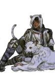  1girl absurdres alternate_costume ana_(overwatch) animal_ears beast cat_ears cat_tail dark_skin eyepatch facial_mark facial_tattoo highres long_hair looking_at_viewer muehe overwatch solo tail tattoo white_hair 
