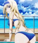  1girl arm_support ass bikini blonde_hair blue_bikini blue_eyes blue_hairband bow breasts cecilia_alcott clouds cloudy_sky eyebrows_visible_through_hair from_behind hair_bow hairband headdress highres infinite_stratos large_breasts long_hair looking_at_viewer looking_back ocean open_mouth screencap sky solo swimsuit wet 