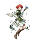  1girl boots cape crying feathers fire_emblem fire_emblem:_rekka_no_ken fire_emblem_heroes full_body green_eyes highres kaya8 official_art open_mouth priscilla_(fire_emblem) redhead scar staff teeth torn_clothes transparent_background 