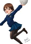  1girl artist_name bangs black_legwear black_necktie black_shoes blue_skirt blue_sweater brown_eyes brown_hair dress_shirt emblem from_side girls_und_panzer haruhata_mutsuki holding isobe_noriko leg_up loafers long_sleeves looking_at_viewer miniskirt necktie open_mouth pantyhose pleated_skirt school_uniform shirt shoes short_hair signature simple_background skirt smile solo st._gloriana&#039;s_school_uniform standing standing_on_one_leg sweater twitter_username v-neck volleyball white_background white_shirt 