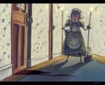  1girl apron blood braid bucket cleaning commentary hat izayoi_sakuya koto_inari maid maid_apron mop short_hair silver_hair solo touhou twin_braids waist_apron 