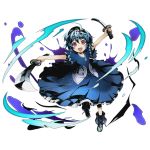  1girl black_bullet black_ribbon blue_dress blue_hair divine_gate dress dual_wielding full_body hiruko_kohina holding holding_sword holding_weapon looking_at_viewer official_art open_mouth red_eyes ribbon short_hair solo sword transparent_background ucmm weapon 