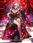  1girl bow breasts chess_piece cleavage company_name curly_hair curtains flower full_body fur_trim gloves gyakushuu_no_fantasica hair_flower hair_ornament highres long_hair official_art ponytail rose ryuki@maguro-ex solo violet_eyes white_hair 