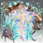  1girl awakening_(sennen_sensou_aigis) bird braid breasts bull cat diera_(sennen_sensou_aigis) dmm dog flower full_body grey_background hawk high_heels horns long_hair looking_at_viewer medium_breasts navel official_art sennen_sensou_aigis silver_hair solo standing sword very_long_hair watermark weapon yuasa_akira 