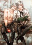  2boys adam_(nier_automata) apple bite_mark book boots buttons closed_eyes collarbone collared_shirt dr. eve_(nier_automata) food fruit glasses gloves holding holding_fruit leaning_on_person legs_crossed lips long_hair long_sleeves looking_at_another male_focus multiple_boys muscle nier_(series) nier_automata pale_skin pants red_eyes shirt short_hair siblings simple_background sitting structure tattoo topless white_hair 