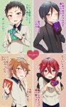  4boys aina123 atsushi_toushirou black_gloves black_hair blush box brown_eyes brown_hair gift gift_box gloves gotou_toushirou green_eyes heart-shaped_box highres male_focus multiple_boys necktie open_mouth redhead shinano_toushirou short_hair smile suspenders touken_ranbu translation_request valentine violet_eyes yagen_toushirou 