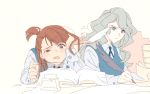  2girls annoyed aqua_eyes bangs blue_vest blush book bored brown_eyes brown_hair buttons collar collared_shirt d: diana_cavendish eyebrows eyebrows_visible_through_hair eyelashes grey_hair half_updo kagari_atsuko little_witch_academia long_hair long_sleeves looking_at_another looking_to_the_side motion_lines multiple_girls open_book open_mouth pen pile_of_books quill raised_eyebrow roku_(tsua-kihuyu) school_uniform shirt simple_background sketch sleeveless sweat tareme tsurime turning_page vest wavy_hair white_shirt writing 