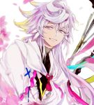  1boy fate/grand_order fate_(series) feathers flower long_hair looking_to_the_side merlin_(fate/stay_night) petals purple_hair simple_background smile solo staff suou upper_body violet_eyes white_background 
