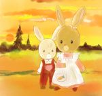  1boy 1girl 80s apron beady_eyes brothers dress frown furry heart maple_town no_humans oldschool patty_(maple_town) rabbit shirt shoes siblings sister sun sunset tree 