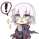  ! 1girl assassin_of_black bandage blush cape fate/apocrypha fate/grand_order fate_(series) gloves gradient_eyes green_eyes jako_(jakoo21) looking_at_viewer multicolored multicolored_eyes open_mouth scar short_hair silver_hair solo speech_bubble thigh-highs 