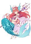  1girl blue_eyes coral full_body gem hair_between_eyes head_fins highres long_hair mermaid midriff monster_girl original polearm redhead seashell seashell_bracelet see-through shell sitting solo trident very_long_hair weapon white_background yuki7128 