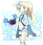  1girl 2017 :o alternate_costume alternate_hairstyle bangs blonde_hair blunt_bangs blush boots cosmog cosplay dated fukumitsu_(kirarirorustar) fuuro_(pokemon) fuuro_(pokemon)_(cosplay) gloves green_eyes hair_ornament lillie_(pokemon) long_hair long_sleeves looking_at_viewer midriff navel open_mouth pilot_suit pokemon pokemon_(creature) pokemon_(game) pokemon_sm ponytail shorts simple_background solo standing star starry_background suspenders thigh_strap white_background 