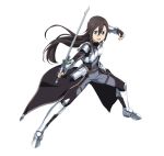  1boy accel_world androgynous armor armored_boots black_eyes black_gloves black_hair boots bow breastplate cosplay duel_avatar elbow_gloves fighting_stance floating_hair full_body gloves hair_bow holding holding_sword holding_weapon kirito kirito_(sao-ggo) long_hair looking_at_viewer open_mouth silver_crow silver_crow_(cosplay) simple_background solo sword sword_art_online weapon white_background 