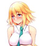  1girl bangs between_breasts blonde_hair blue_eyes blush braid breast_hold breasts collared_shirt embarrassed fate/apocrypha fate_(series) green_necktie large_breasts long_hair looking_away necktie necktie_between_breasts nose_blush ruler_(fate/apocrypha) shirt single_braid sleeveless sleeveless_shirt solo sweat tsukui_kachou very_long_hair white_shirt 